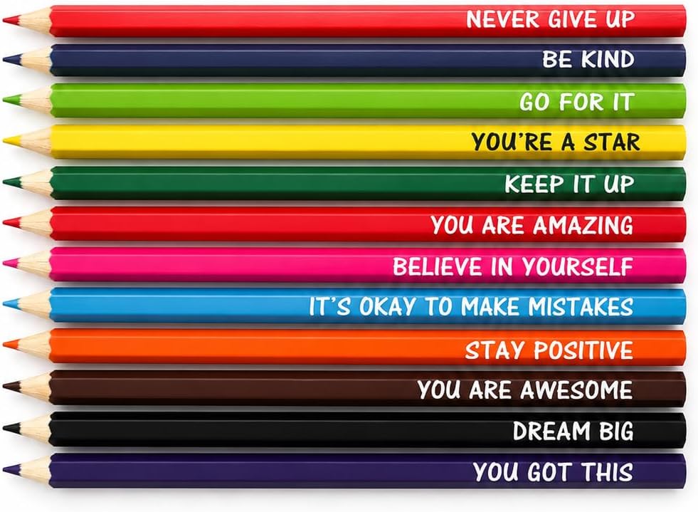 Motivational Coloured Pencils, 12 Pack, Inspirational Quotes, Multicolour, Art and Drawing Set