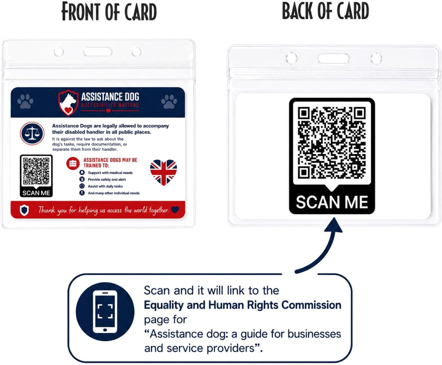 Assistance Dog ID Alert Card with id Card Holder | QR Code Included, Hidden Disability, Equality Act Info, 85 x 55mm Card, Clear Plastic Holder