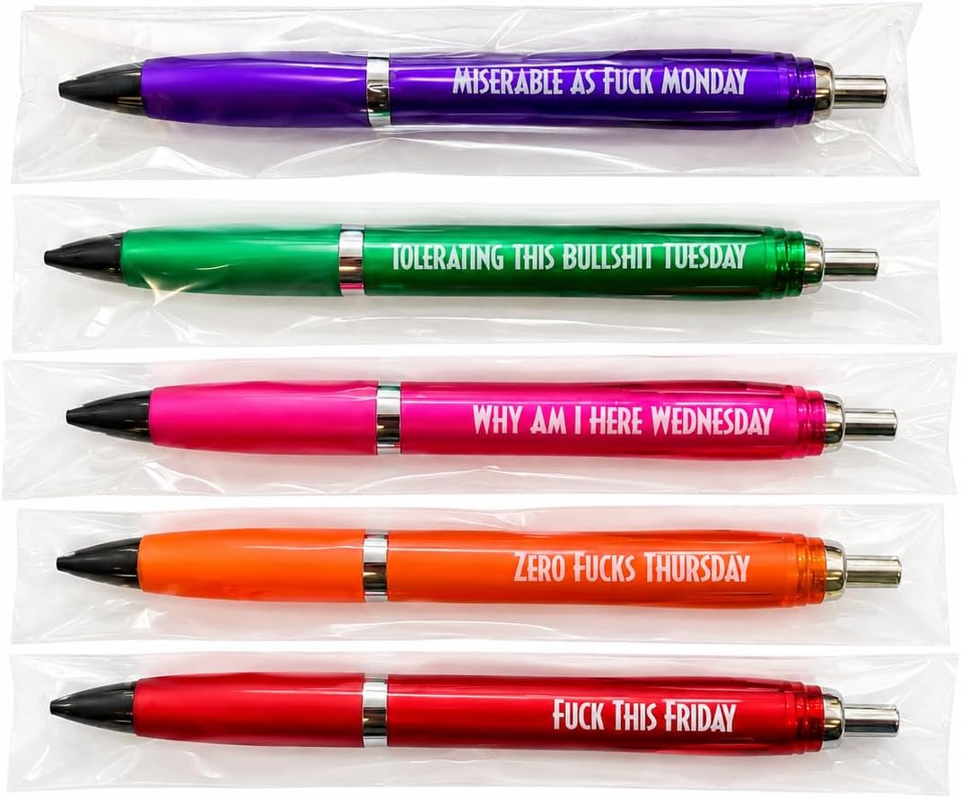 Hands Off Funny Novelty Days of the Week Pens, 5-Piece Set, Humorous Office Ballpoint Pens, Multicolour