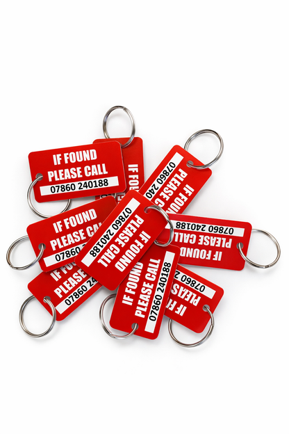 If Found Please Call Key Tags, Red, with Contact Number, Metal Ring Attachment, 9 Pack