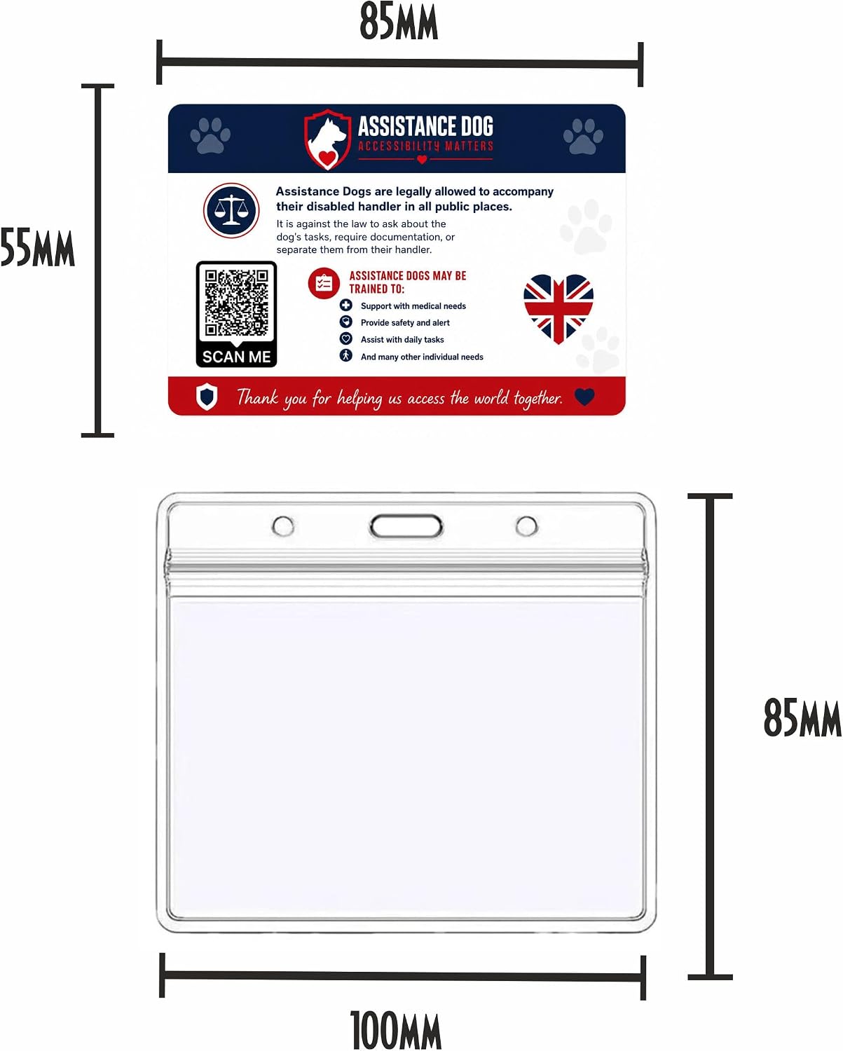Assistance Dog ID Alert Card with id Card Holder | QR Code Included, Hidden Disability, Equality Act Info, 85 x 55mm Card, Clear Plastic Holder