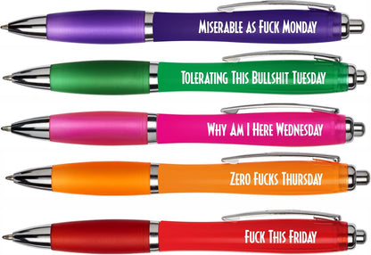 Hands Off Funny Novelty Days of the Week Pens, 5-Piece Set, Humorous Office Ballpoint Pens, Multicolour