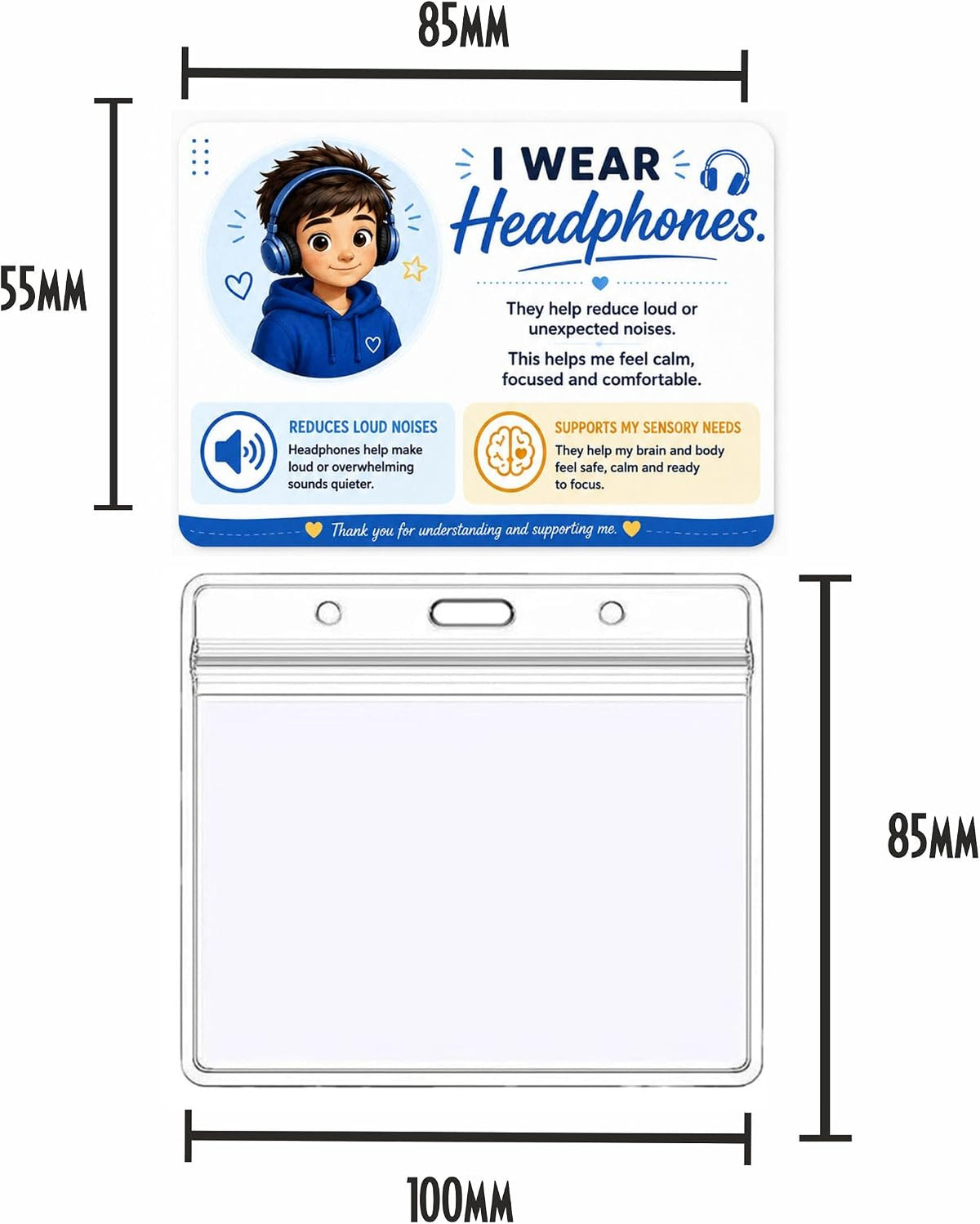 I Wear Noise Reducing Headphones Card | Sensory Badge | Helps Explain Sensory Needs | School, Travel & Public Communication Card
