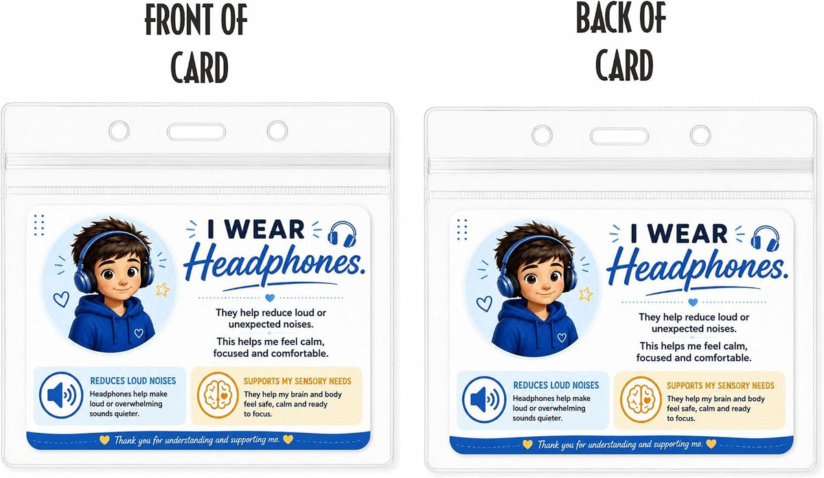 I Wear Noise Reducing Headphones Card | Sensory Badge | Helps Explain Sensory Needs | School, Travel & Public Communication Card