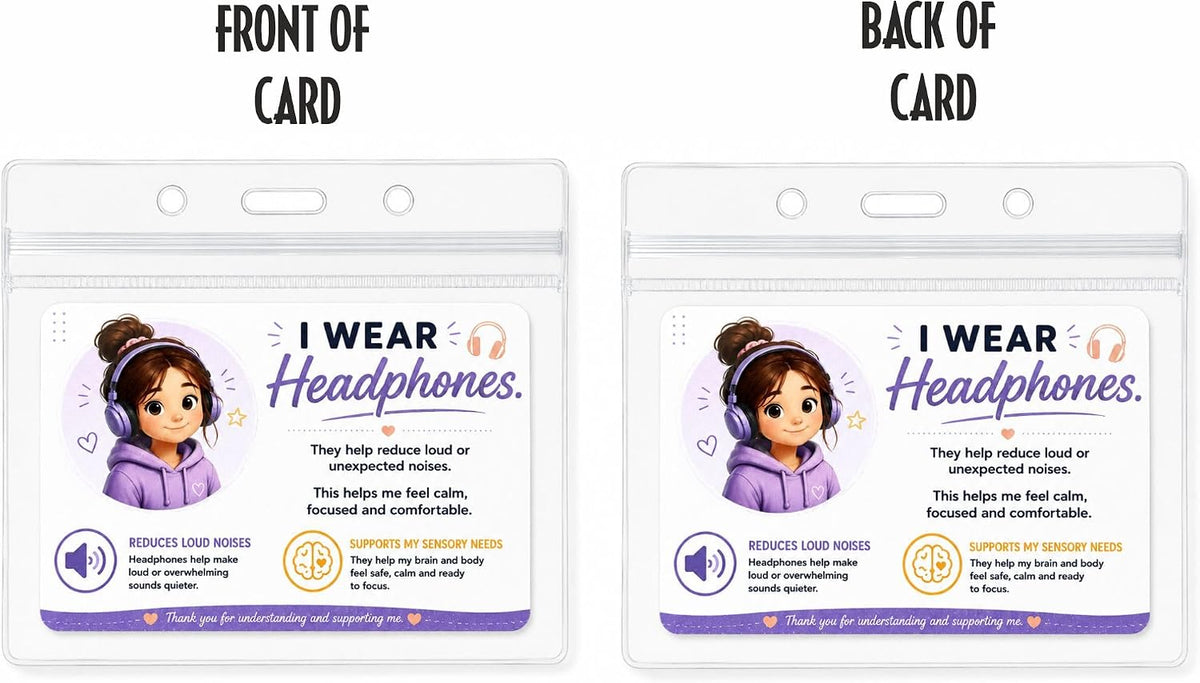 I Wear Noise Reducing Headphones Card | Sensory Badge | Helps Explain Sensory Needs | School, Travel & Public Communication Card