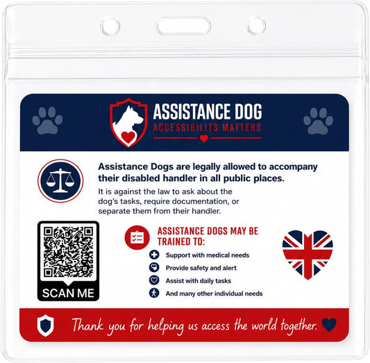 Assistance Dog ID Alert Card with id Card Holder | QR Code Included, Hidden Disability, Equality Act Info, 85 x 55mm Card, Clear Plastic Holder