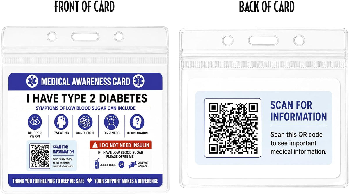Type 2 Diabetes Medical Alert ID Card with Clear Card Holder