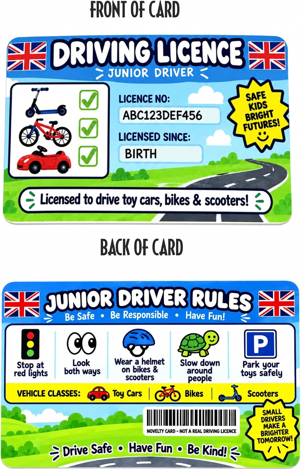 Novelty Junior Driver Licence Card – Fun Toy Driving Licence with Safety Rules – Pretend Play Gift – Toy Cars, Bikes & Scooters – UK Design