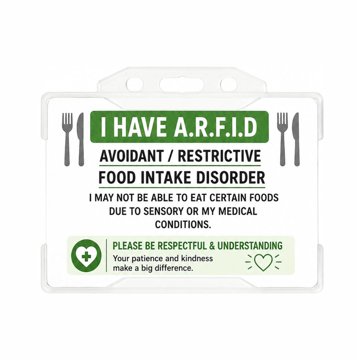 ARFID Medical Awareness Card with Clear Card Holder | Avoidant Restrictive, Food Intake Disorder, Clear Card Holder, Sensory Condition, Wallet Size Card