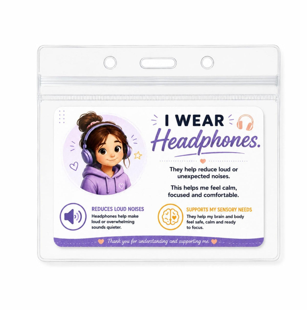 I Wear Noise Reducing Headphones Card | Sensory Badge | Helps Explain Sensory Needs | School, Travel & Public Communication Card