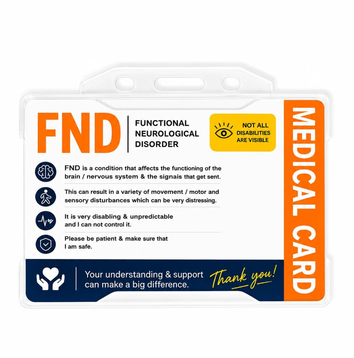 FND Functional Neurological Disorder Medical Alert Card with Clear Holder