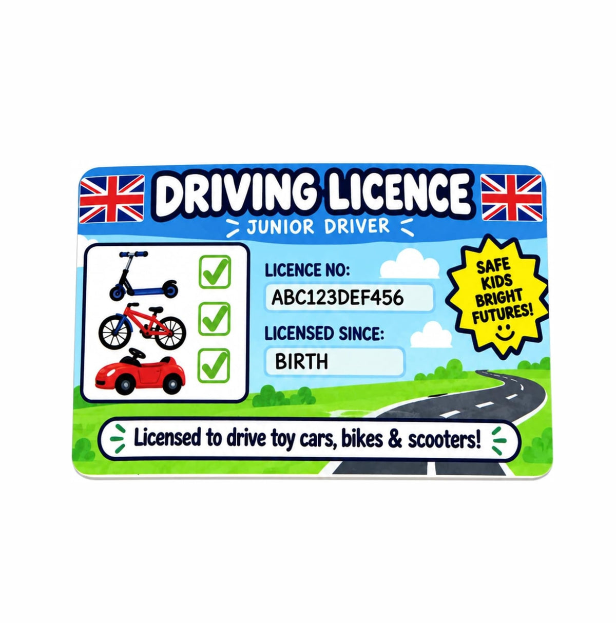 Novelty Junior Driver Licence Card – Fun Toy Driving Licence with Safety Rules – Pretend Play Gift – Toy Cars, Bikes & Scooters – UK Design