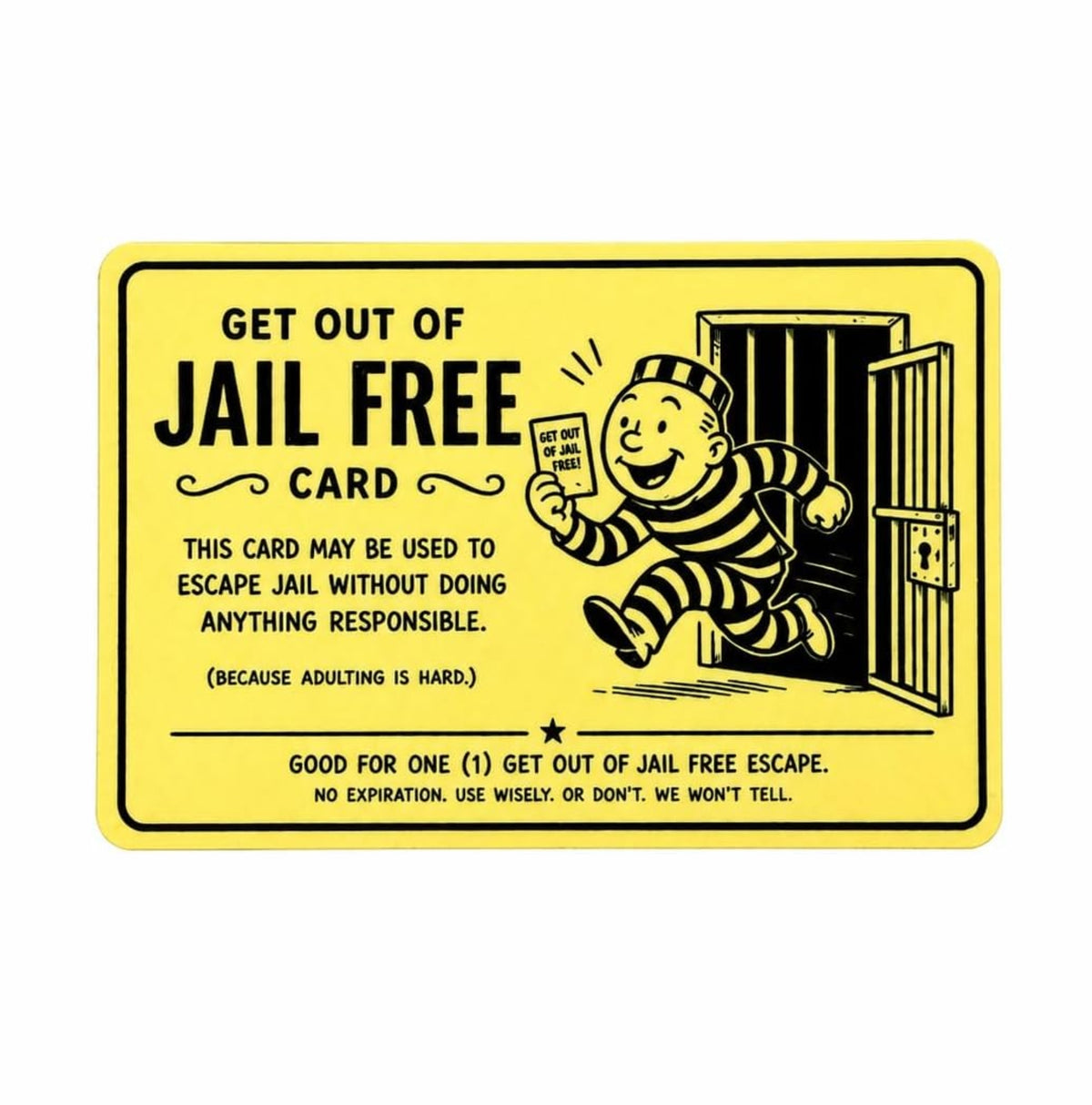 Get Out of Jail Free Card Funny Adulting Novelty Gag credit card size
