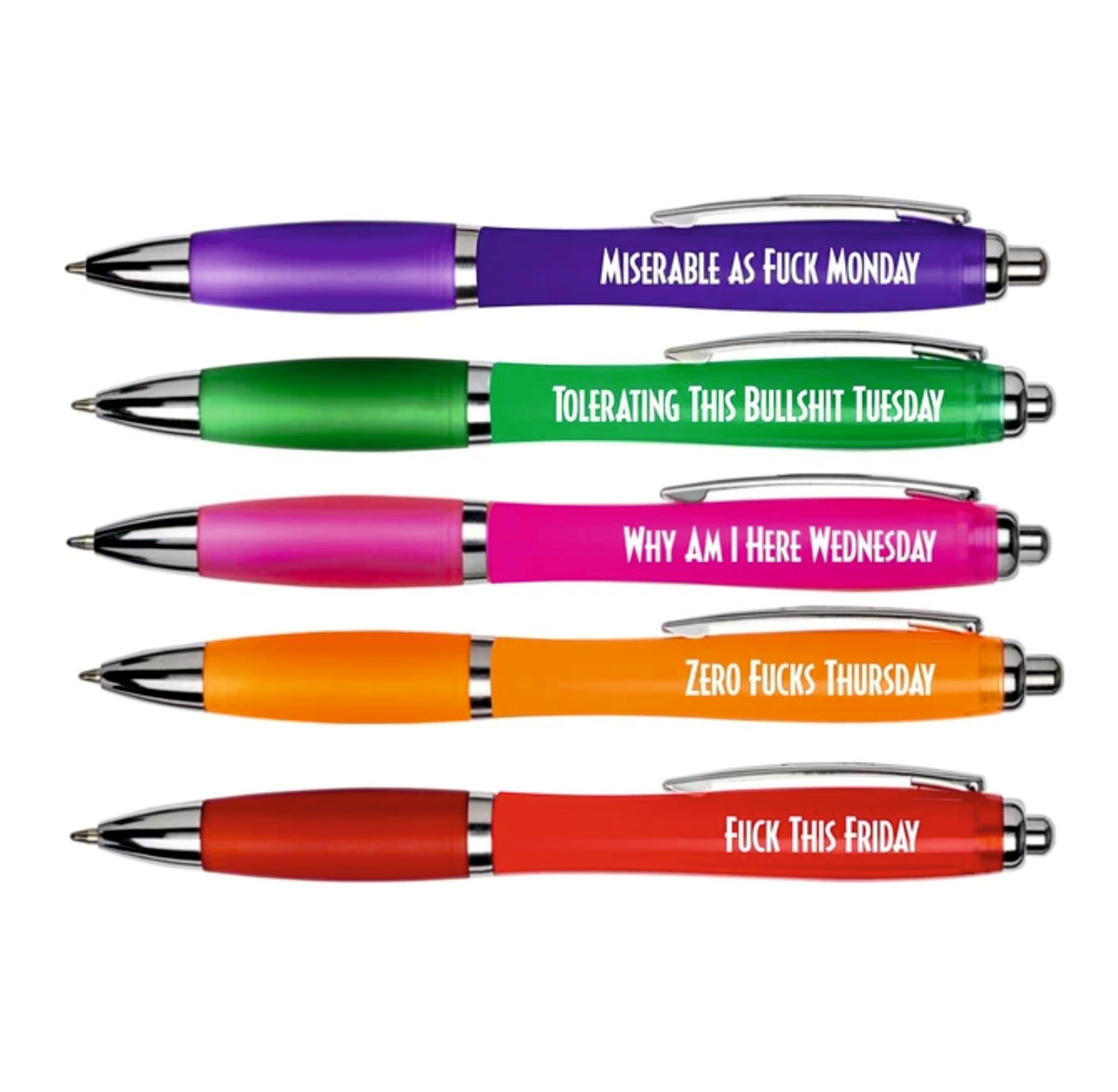 Hands Off Funny Novelty Days of the Week Pens, 5-Piece Set, Humorous Office Ballpoint Pens, Multicolour