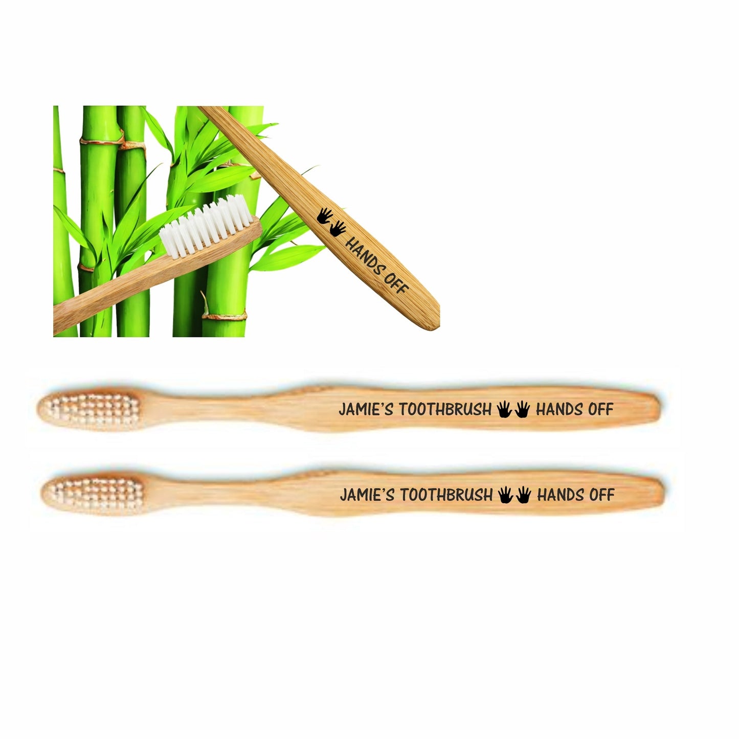 2 x Personalised Hands Off bamboo Toothbrush
