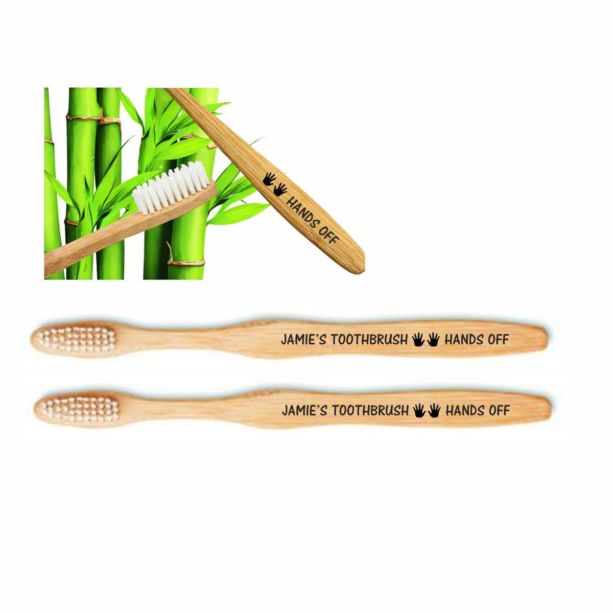 2 x Personalised Hands Off bamboo Toothbrush